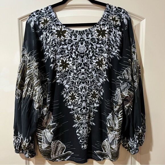 FREE PEOPLE Birds of a Feather Patterned Top Black Brown Beige Women’s Large - Picture 8 of 11